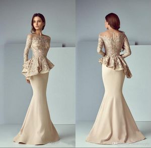 Champagne Lace Stain Peplum Wear Prom Dresses 2019 Sheer Neck Long Sleeve Dubai Arabic Mermaid Long Evening Formal Gowns