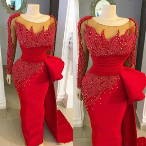 Perals Embroidery Red Mermaid Evening Dresses With Long Train Gorgeous Long Sleeve Party Gowns Special Occassion Dress Abendkleider