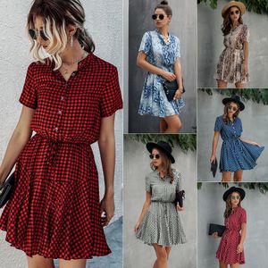 2020 여름 여성 드레스 패션 인쇄 된 격자 무늬 칼라 버튼 밧줄 짧은 소매 미니 짧은 드레스 S-2XL