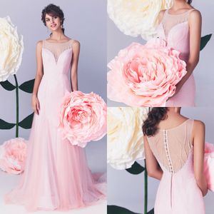 2020 Fashion Evening Dresses Jewel Sleeveless Lace Appliques Prom Gowns Button Back Sweep Train A Line Special Occasion Dress