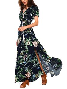女性の花柄プリントドレスロングスプリットドレスエレガントなファッションスプリングサマーマキシドレス送料無料