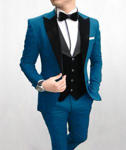 真新しいブルー新郎新婦タキシードブラックピークラペル新郎メンズウェディングドレスファッション男のジャケットブレザー3ピーススーツ（ジャケット+パンツ+ベスト+ネクタイ）1659