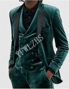 Yakışıklı Bir Düğme Groomsmen Velvet Damat smokin Erkekler Suits Düğün / Gelinlik / Akşam Sağdıç Blazer (Ceket + Pantolon + Kravat + Yelek) W207