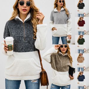 Kobiety Patchwork Swetover Z Długim Rękawem Zipper Stand Stand Collor Fleece Bluza Miękkie Znosić z kieszeniami Tops Hoodie Coat Ljja3091