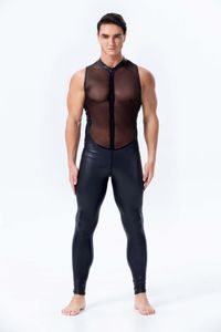 Tuta da uomo in ecopelle di nuovo design Tuta sexy elasticizzata in maglia senza maniche Tuta trasparente con cerniera maschile Clubwear con apertura sul cavallo