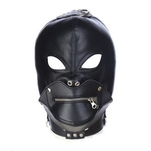 PU Bondage Hood Mask Bound Lock Head Demons Fancy Masks Harness Belt Cosplay Spela eller vuxen spel