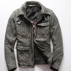 Grey AVFLY men jackets for sale Lapel neck vintage first layer leather jacket Multi-pocket motorcycle men leather jacket