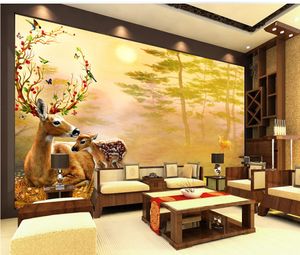 2019 Photo 3d Wallpaper Dream Golden Autumn Mother and Child Gold Deer Artistic Conception Background Wall Decoration Wall paper