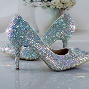 Moda Kopciuszki Buty Bling Glitter AB Crystal Prom Wedding Party Shoes Siated Toe Kobiety Rhinestone Pompy Wysokie Obcasy Duży rozmiar 42