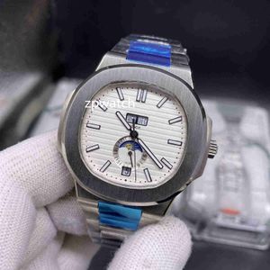 Hot venda de alta qualidade Nautilus relógios de prata de aço inoxidável Branco rosto Data Automatic deslizar suave fase da Lua D-azul 40MM Mens Watch