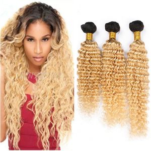 1B 613 Ombre Blonde Human Hair Bundles Deep Wave Brazilian Bundles Dark Roots Platinum Blonde Curly Virgin Hair Extensions 3Pcs Lot