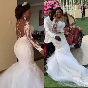 Plus Size Wedding Dresses With Scoop Sheer Neck Illusion Long Sleeves Mermaid Wedding Dress Lace Appliques Sequins Sexy Back Bridal Gowns