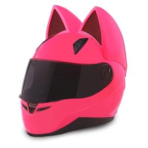 Capacete de motocicleta de nitrinos rosto cheio com orelhas de gato cor rosa personalidade gato capacete moda motorbike capacete tamanho m / l / xl / xxl