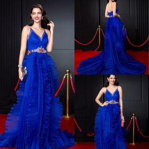 Modest Elegant A Line Evening Dresses Spaghetti Sleeveless Backless Ruffles Crystal Sash Formal Dresses Sweep Train Party Gown