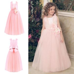 Light Pink Flower Girls Dresses Sleeveless Tulle Tiered Girls Pageant Gowns Gorgeous Prom Party Dresses With Hand Made Flower