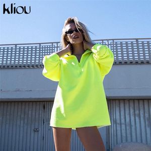 Kliou 2019 New Women Full Sleeve Zipper Fly Turtleneck Loose Sweatshirts Long Length Workout Street Hoodies Casual Pullovers C19041102