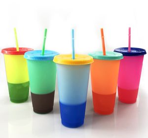 Dhl cor mudando xícaras 24 oz plástico beber copos com tampa e palha cores doces reutilizáveis ​​bebidas geladas copo canecas de cerveja de café magia