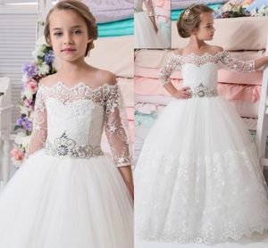 Lovely Princess Flower Girl Dresses Sweep Train Child First Communion Gowns for Wedding with Lace Appliques Kids Party Wear Custom259l
