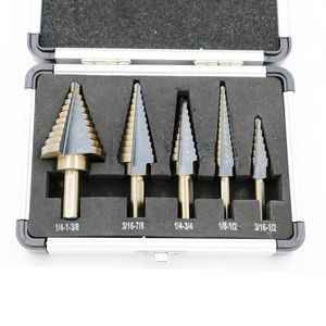 Ny ankomst Högkvalitativ 5PC / Set HSS Cobalt Flera hål 50 Storlekar Steg Borr Bit Set W Aluminium Case