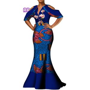Женские африканские платья с восковым принтом Bazin Riche Dashiki Длинное платье Sexy Deep V-образным вырезом с открытыми плечами Рукава свадебное платье WY3752