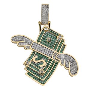 Iced Out Flying Dollars Pengar Solid Hänge Halsband Mens Personliga Hip Hop Charm Kedjor Smycken Gåvor