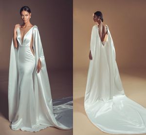 2019 Elihav Sasson Mermaid Bröllopsklänningar med avtagbar Wrap Deep V Neck Backless Bridal Gowns Sweep Train Shinny Beach Bröllopsklänning