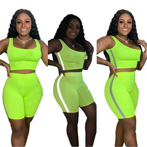 Plus size 2XL Women summer jogger suit fitness Gym two piece set outfits vest tank top+shorts casual green reflective strip sportswear 3352