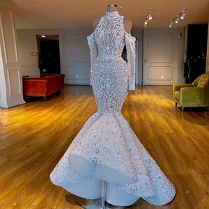 Luxury Crystals Mermaid Sequined Wedding Dresses Beaded High Neck Long Sleeves Bridal Gowns Sweep Train Tulle robes de mariée