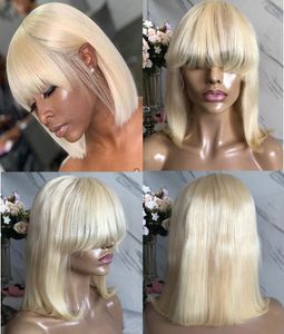 Short Bob Cut Lace Front Wig With Bang 613 Blond Color Brazilian Virgin Human Hair Full Spets Wig For Black Woman Free Frakt