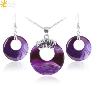 Conjunto De Collar De Piedra Púrpura al por mayor-Conjuntos de joyas de CSJA para mujeres Natural Hueco Ronda de gema Ronda Onyx Arokite Purple Crystal Opal Pendientes Collares Curación E568