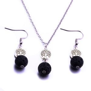 10mm Black Lava Stone Tree of life Jewelry Sets Diy Aromatherapy Essential Oil Diffuser Necklace For Women Jewelry