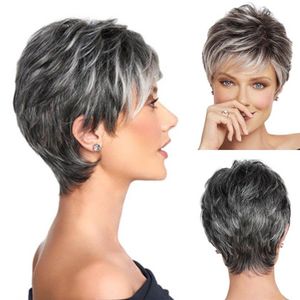 Kort pixie klippt ombre silvergrå peruker naturligt grått hår kort rak full peruk