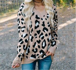 Moda Sweater Mulheres Outono-Inverno Pullover malha leopardo camisola Top Sexy decote em V Feminino Camisolas
