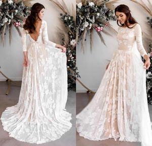 2020 Nuovi abiti da sposa Boemia vintage con fodera nuda maniche lunghe aperte schiena piena pizzo boho spiaggia giardino abiti da sposa 79