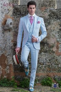 Moda Groomsmen Pico Lapela Do Noivo Smoking Luz Azul Men Ternos de Casamento / Prom Melhor Homem Blazer (Jacket + Pants + colete + Gravata) M908