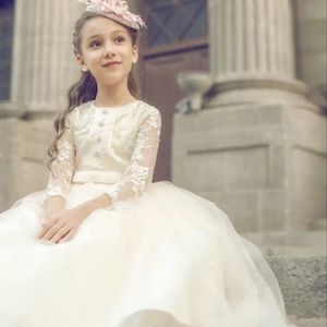 2019 luva longa jóias laço e tule casamento flor meninas vestidos A-line sash botão crianças vestir formal