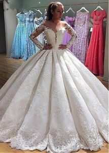 Dubai Arabic Long Sleeve Lace Appliques Beads Wedding Dresses Sheer Neck Africa Vintage Bridal Gowns Plus Size