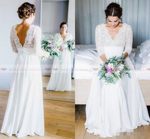 2019 Country A Line Wedding Dresses with 3/4 Long Sleeves Lace Chiffon Lace Chiffon Custom Made V Neck Floor Length Wedding Bridal Gown