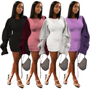 Women mini Dresses Long Sleeve Crew neck ruffle drawstring Long sleeve patchwork Trendy Pencil Dress Fall Summer Sexy Shirt LJJA3050