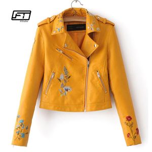 Wholesale-Fitaylor Autumn Biker Jacket Women Embroidered Bomber Faux Leather Jacket Floral Print Pink Black Motorcycle Leather