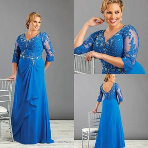 elegant blue plus size mother of bride dresses fashion v neck floor length chiffon lace formal evening gowns for beach wedding Beaded sleeve