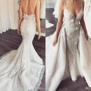 Custom Made Spaghetti Wedding Dresses with Detachable Train Lace Floral Appliques Tulle Beach Mermaid Wedding Gowns Backless vestidos