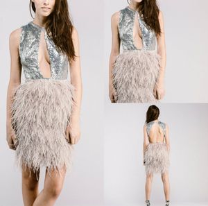 2019 Kort Prom Klänningar Silver Sequins Knä längd Sexig Backless Jewel Neck Cocktail Dress Luxury Feather Mini Evening Gowns Custom Made