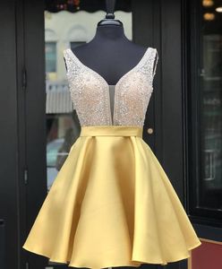 Sexy Yelllow Satin Mini Short Party Homecoming Dresses Cheap With Beads 2019 New Cocktail Prom Sweet 15 Dresses