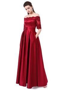 2019 Ny vin röd spets broderi lyxig satin halvärmad lång aftonklänning elegant bankett prom klänning robe de soiree 497