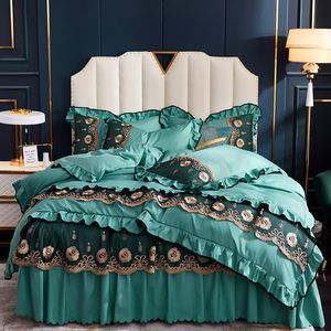 Hot Sale Luxury Satin Jacquard Silk / Cotton Bedding Set Lace Duvet Cover BedClothes Bed Sex Set Pillowcases Bed Cover Queen King Plus Storlek