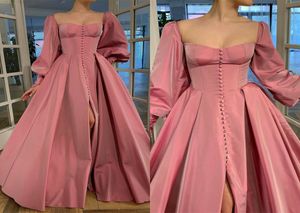 Vintage Pink Evening Dresses Square Neck Long Sleeves Satin Button Prom Dress Custom Made Ruched Sweep Train Formal Party Dresses
