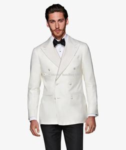 Popular Double-Breasted Ivory Groom Tuxedos Peak Lapel Groomsmen Mens Suits Wedding/Prom/Dinner Blazer (Jacket+Pants+Tie) K321