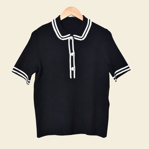 2019 Fall Black Short Sleeve Peter Pan Neck Contrast Color Knitted Panelled Buttons Women Fashion Knits & Tees AG1023060M