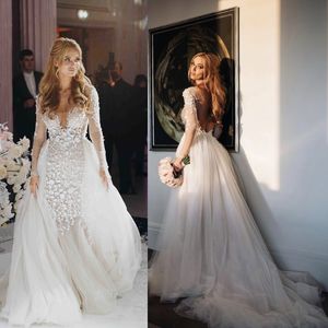 Sexy See Through Flowers Lace Mermaid Wedding Dresses With Detachable Train Illusion Long Sleeve Backless Bridal Gowns Overskirt Bride Dress